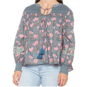 Rachel Zoe Women's Cotton Split Neck Peasant Blouse Floral Medium Boho Cottage